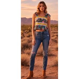 CELIA B Multicolor‎ Floral Square Neck Crop Top XS